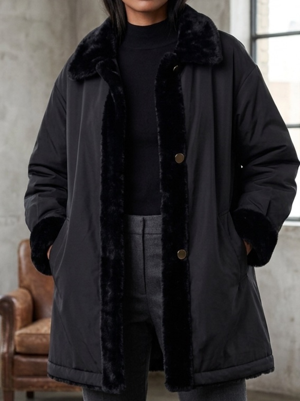 Marvin Richards Black VINTAGE Reversible Faux Fur Jacket Coat Size XL‎